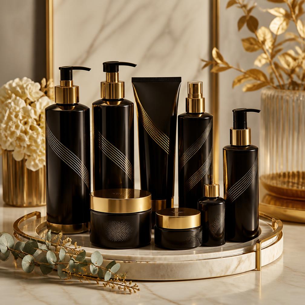Queen B Coiffure product collection on a marble tray