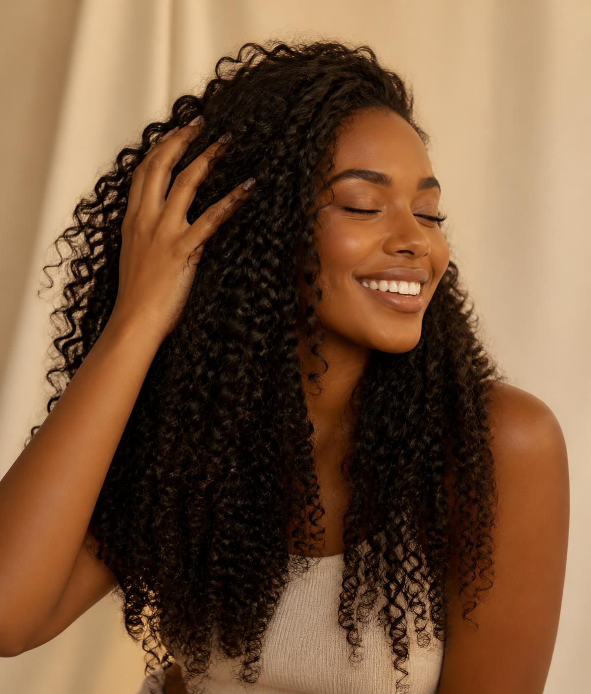Smiling woman with long healthy natural curls